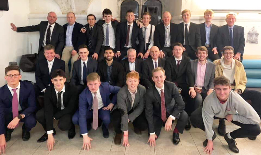 Exeter College football dinner guests pose before dinner on 25th January 2020
