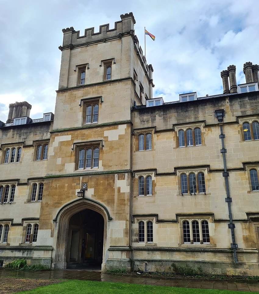 The rainbow flag flying above Exeter College tower