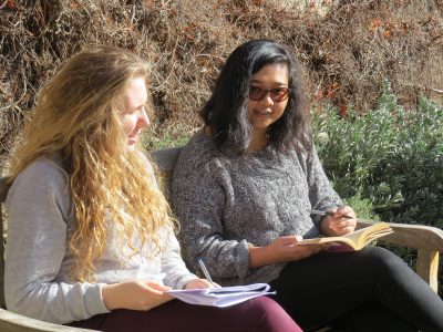 Students working in front quad