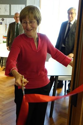 Dame Frances Cairncross cut a ribbon at the formal opening of the kitchens at Cohen Quad