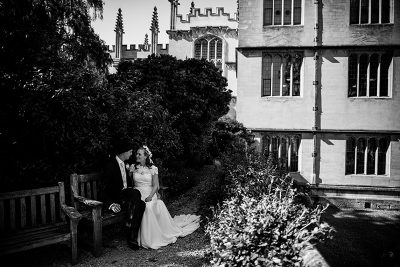 Wedding couple seated in the Fellow's Garden