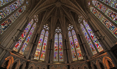 chapel interior with stained glass