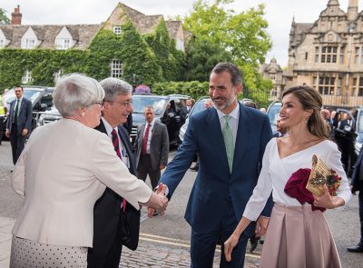 King Felipe VI of Spain and Queen Letizia are welcomed to Exeter by Rector Trainor and Professor Marguerite Dupree