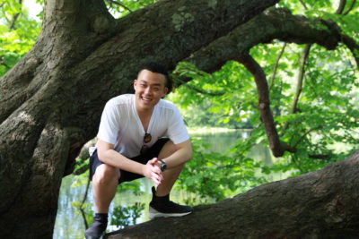 An Exeter College Summer Programme Student sitting on a branch of a tree