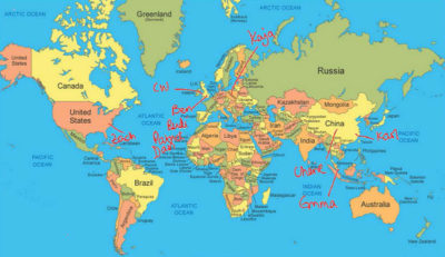 World map showing where students and tutor are located