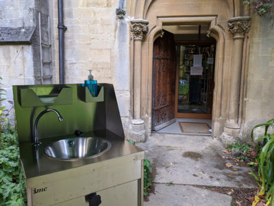 wash station outside the college library
