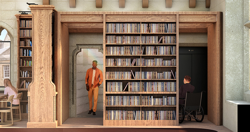 Library interior and lift door