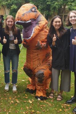 Students pictured during Giving Day 2021 with TRexeter in the Fellows' Garden