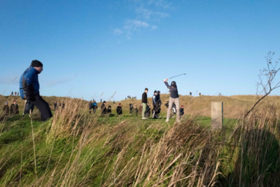 Josh Fallows teeing off in the final on the par three 14th at Rye