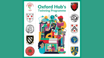 Oxford Hub Twining Schools Logo featuring school and college crests