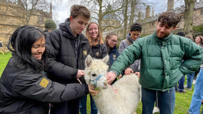 Students with an alpaca in the Fellows' Garden