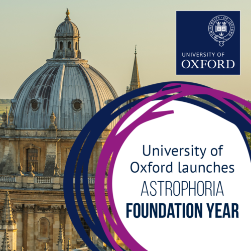 Graphic with Rad Cam and the University of Oxford logo. Blue text on a white circle with dark blue and purple swirled lines reads: University of Oxford launches Astrophoria Foundation Year