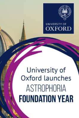 Graphic with Rad Cam and the University of Oxford logo. Blue text on a white circle with dark blue and purple swirled lines reads: University of Oxford launches Astrophoria Foundation Year