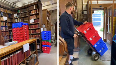 Crates of books ready to be removed from the Library