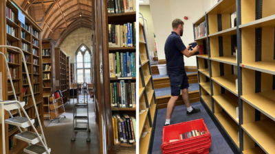 Library emptied and books moved into Saskatchewan Room temporary library