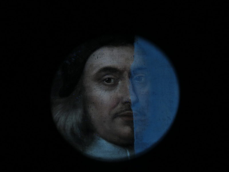 A visible light and ultraviolet light photograph of The Portrait of John Conant showing the varnish removal process