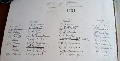 List of Essay Club Officers 1914-1921 including JRR Tolkien