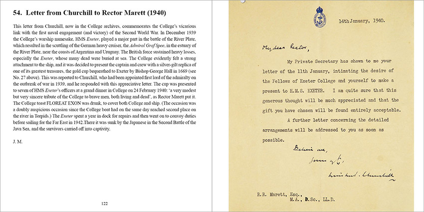 Excerpt from Exeter College in Sixty Objects showing letter from Winston Churchill to Rector Marett