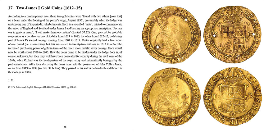 Excerpt from Exeter College in Sixty Objects showing James I gold coins
