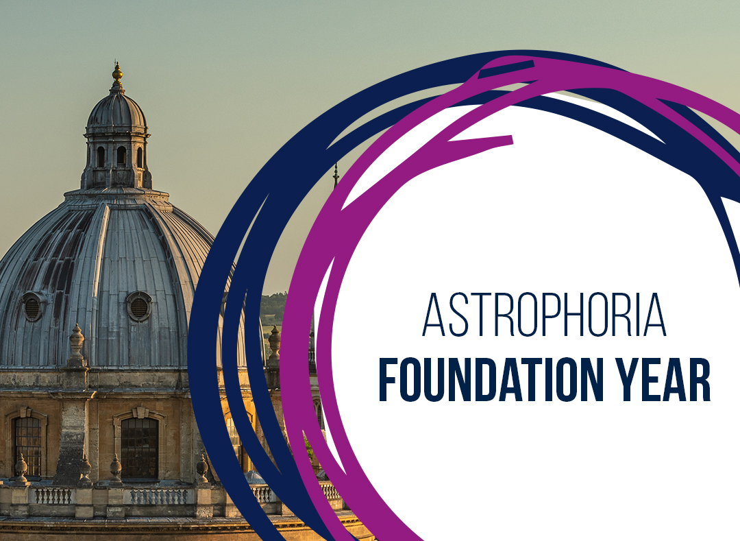 Graphic with Rad Cam. Blue text on a white circle with dark blue and purple swirled lines reads: Astrophoria Foundation Year