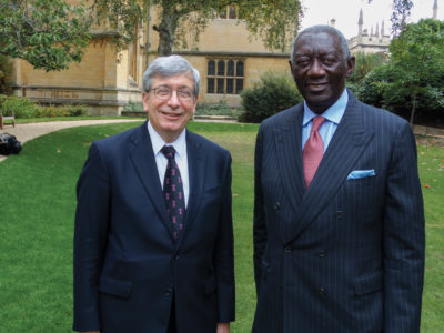 Rector Rick Trainor with President John Kufuor in the Fellows' Garden in 2013