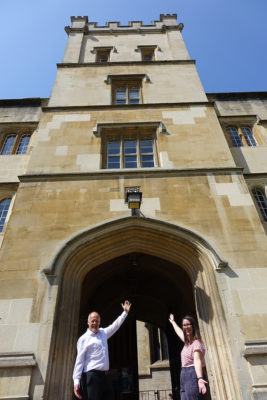 Philip Munday and Olivia Ace at the foot of the tower