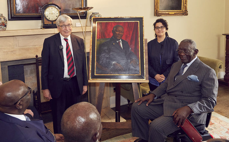 Rector Rick Trainor, John Kufuor, and artist Naima Aouni with John Kufuor's portrait