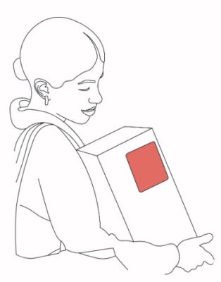 Pencil drawing of woman recieving a parcel