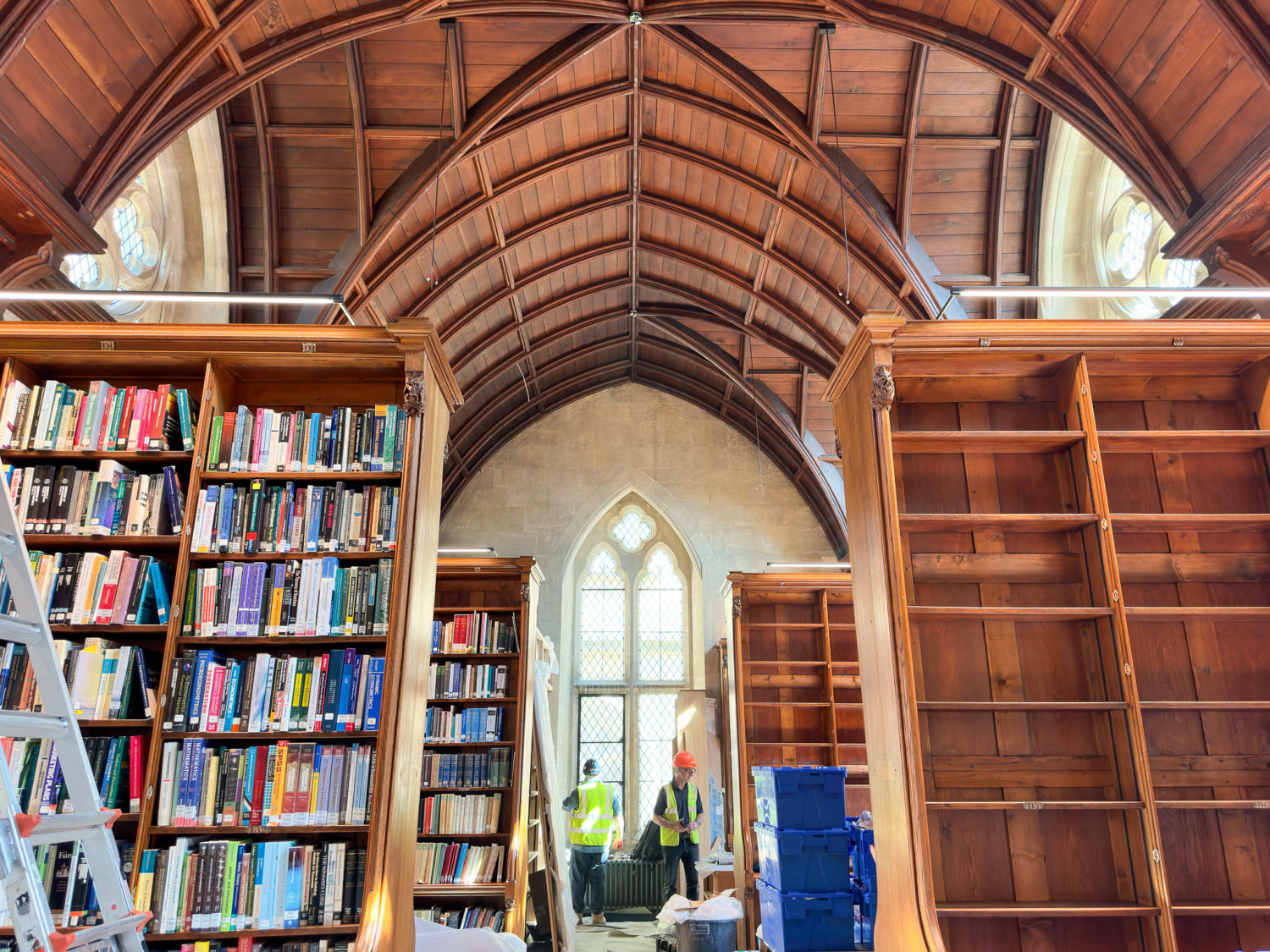 Library shelves with window in background