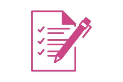 Line drawing of a piece of paper with checkmarks next to lines that represent text, and a pencil