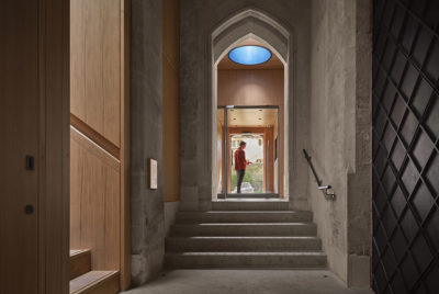 Library interior looking towards the entrance