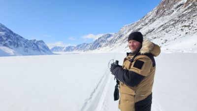 Steve Backshall approaching Coronation Glacier