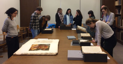 Medical students view rare medical books in the Bodleian's special collections