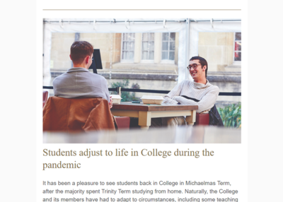 Screenshot of Michaelmas 2020 e-news bulletin