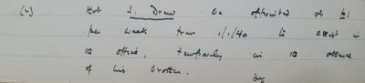 entry from the Servants committee revealing that Albert John (J) Drew would be temporarily appointed to fill his brother's position in 1940.