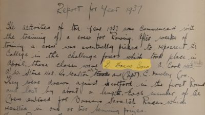 entry for the Servants Social Committee minutes with highlighted entry for Deryck Drew revealing that he was part of the EC Rowing team in the position of Bow 1937.