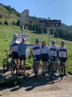 Joanna Mason with Clive Phillips and fellow cyclists at Col d’Aspin during the 3,200 km journey featured in No One Rides Alone.