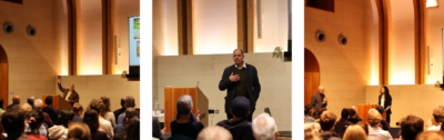 Three photographs from the 'What is Consciousness' seminar event showing speakers addressing a full audience in a modern auditorium.