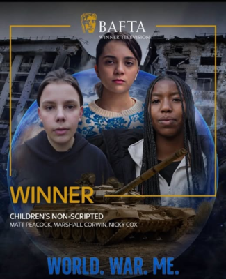 Promotional image for the BAFTA-winning documentary World. War. Me., featuring three young people in front of war-damaged buildings and a tank. The image includes the BAFTA Winner Television logo and the title of the programme.