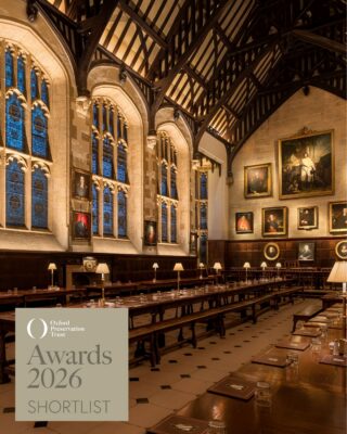 Exeter College Dining Hall illuminated by its enhanced architectural lighting scheme, with the Oxford Preservation Trust Awards 2026 Shortlist graphic.