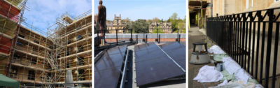 Three views of improvement works at Exeter College, including extensive scaffolding, newly installed solar panels, and repainting of exterior railings.