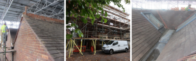 Three views of roof and building works at Exeter College, including scaffolding around college buildings and repairs to tiled roofs.