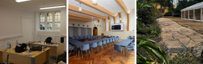 Three views of improvement works at Exeter College, including a refurbished office, the Fitzhugh Auditorium set up for an event, and a newly laid garden path in the Fellows’ Garden.