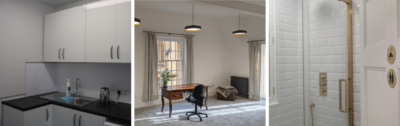 Three views of refurbished rooms at Exeter College, including a new kitchenette, a furnished study room, and upgraded bathroom facilities.